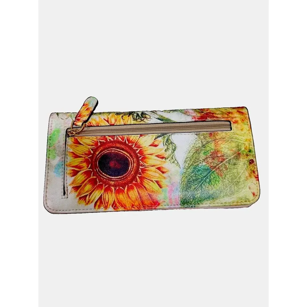 Women’s Sunflower Floral Continental Wallet Bifold Clutch Zip Pocket Boho NWO